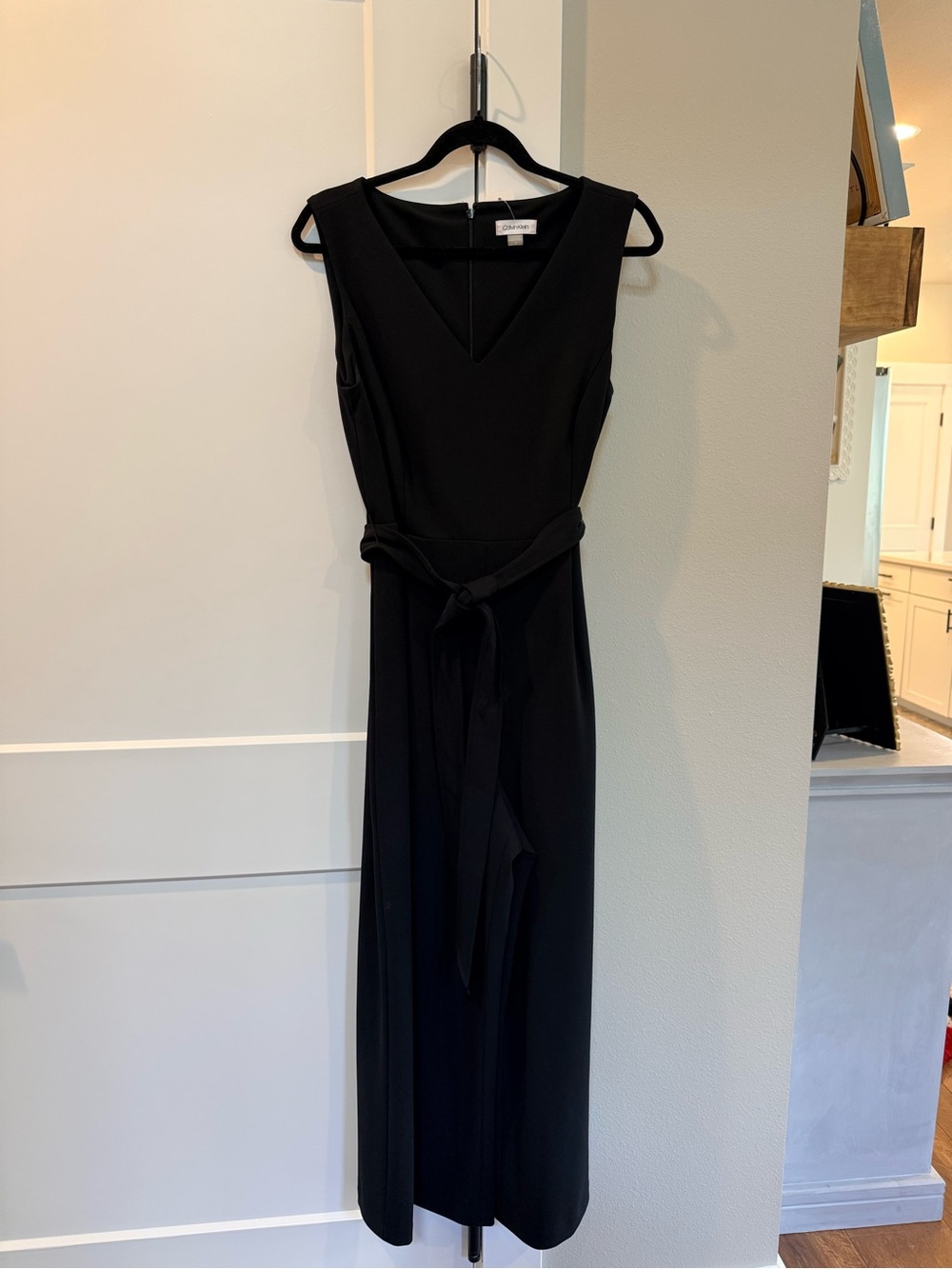 Calvin Klein Black Sleeveless V-Neck Jumpsuit with Waist Tie